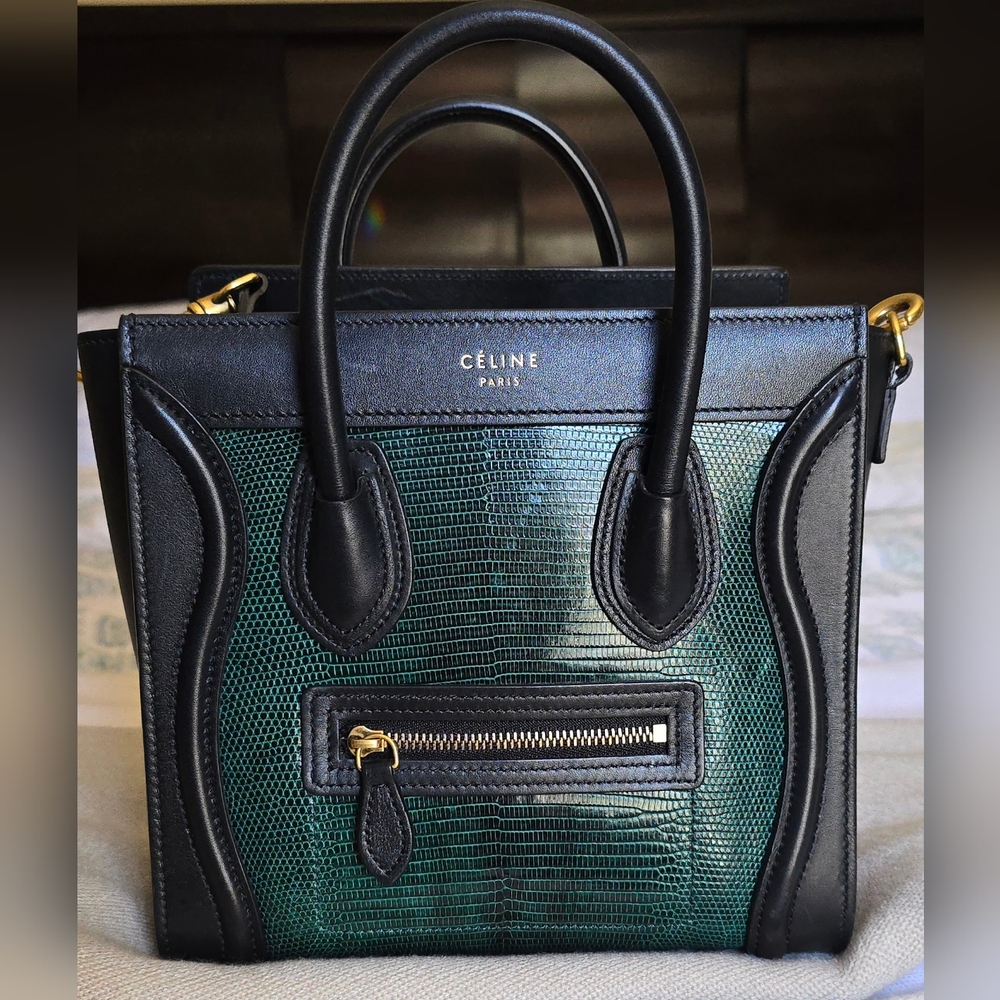 Celine Luggage Nano Lizard Green Black Bag
